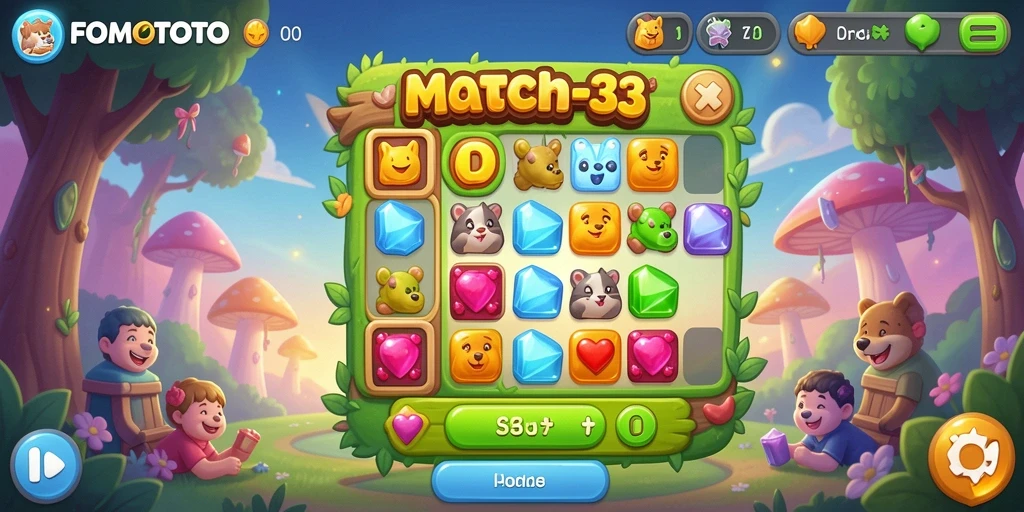 Tampilan gameplay FOMOTOTO dengan grafis cerah dan tantangan Match-3.