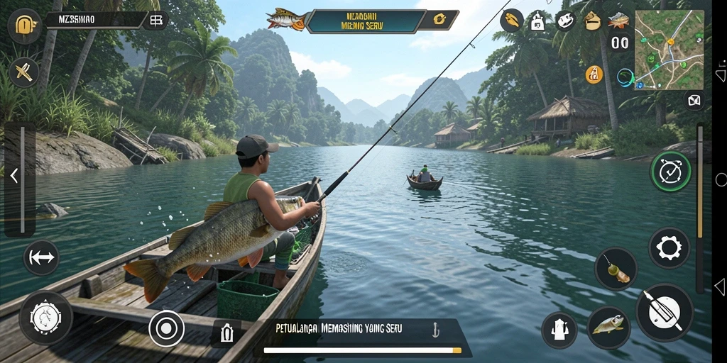 Screenshot gameplay MZ356 yang menampilkan momen seru saat memancing.